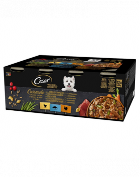 CESAR Natural Goodness Casserole 24x400 g hrana caini adulti cu pui, cu peste alb, curcan in sos cu cereale integrale