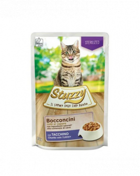 STUZZY Bocconcini Chunks with Turkey Sterilized 85g curcan in sos pentru pisici adulte dupa sterilizare