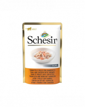 SCHESIR Jelly Adult Tuna&amp;Chicken&amp;Shrimps 85g ton, pui si creveti in aspic, hrana pisica