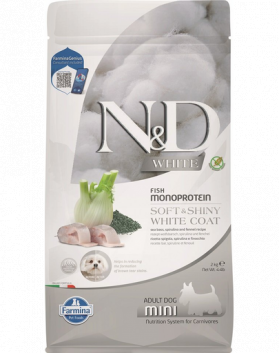 FARMINA N&amp;D White Dog Adult Mini Sea Bass, Spirulina &amp; Fennel 2 kg Hrana caini talie mica, blana alba, cu biban de mare, spirulina si fenicul