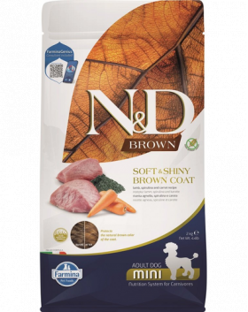 FARMINA N&amp;D Brown Dog Adult Mini Lamb, Spirulina &amp; Carrot 2 kg Hrana caini talie mica, blana maro, cu miel, morcov si spirulina