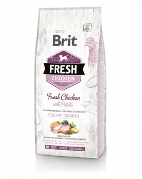 BRIT Fresh Puppy Healthy Growth hrana uscata caini juniori, pui si cartofi 2 x 12 kg + FLEXI New Comfort L Tape 8 m GRATIS