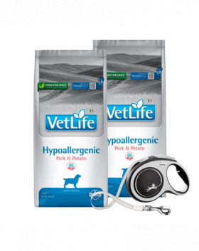 FARMINA VetLife Hypoallergenic Pork Potato pentru caini adulti 2 x 12kg + FLEXI New Comfort L Tape 8 m GRATIS