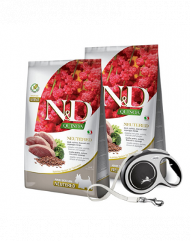 FARMINA N&amp;D Quinoa Neutere Adult Mini duck, broccoli &amp; asparagus 2 x 7 kg hrana caini dupa castrare + FLEXI New Comfort L Tape 8 m GRATIS