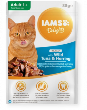 IAMS Cat Adult All Breeds Tuna &amp; Herring In Jelly ton si hering in jeleu 85g hrana pisica