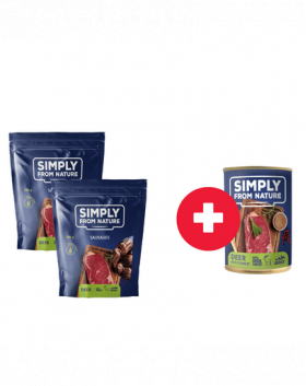 SIMPLY FROM NATURE Carnaciori pentru caini, din carne cerb 2 x 200g + conserva vanat si hrisca GRATIS