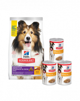 HILL'S Canine Adult Sensitive Stomach&amp;Skin 14 kg + 3 conserve GRATIS