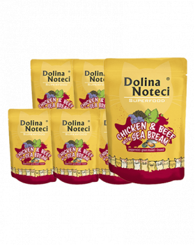 DOLINA NOTECI Superfood Hrana umeda pentru pisici adulte, cu pui, vita si dorada 10x85 g