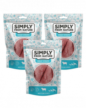 SIMPLY FROM NATURE Meat Strips Recompense caini, din carne de oaie si orez 3x80 g