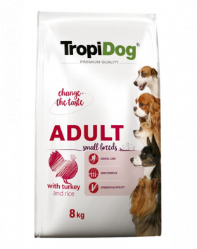 TROPIDOG Premium Adult S curcan si orez 8 kg hrana uscata pentru caini de rasa mica