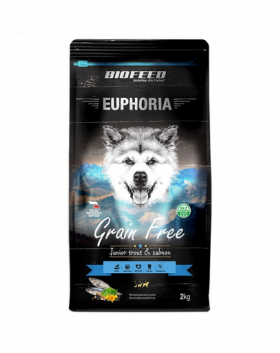 BIOFEED EUPHORIA Gluten Free Pastrav &amp; Somon hrana monoproteica caini tineri de rasa medie si mare 2 kg