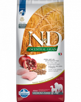 FARMINA N&amp;D Ancestral Grain Adult Medium/Maxi Sac hrana uscata caini talie medie sau mare, cu pui si rodie 12 kg