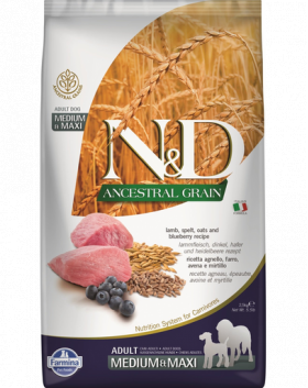 FARMINA N&amp;D Ancestral Grain Adult Medium/Maxi Hrana uscata pentru caini, cu miel si afine 2,5 kg