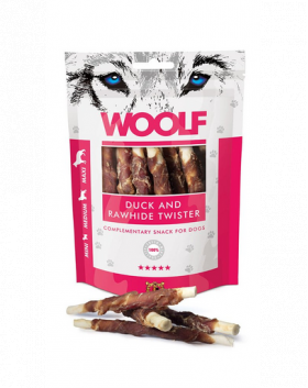 WOOLF Duck And Rawhide Twister pentru caini 100g piele uscata invelita in rata