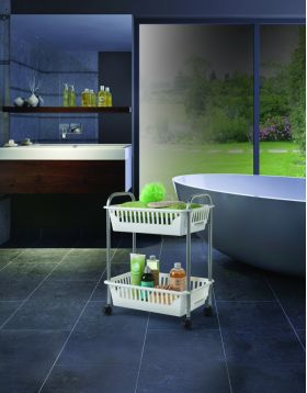 Carucior cu 2 rafturi Oslo 2, Metaltex, 41x26x52 cm, plastic/metal/invelis din crometherm, alb/argintiu