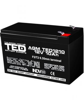 acumulator 12v stationar vrla, dimensiuni 151 x 65 x 95 mm, baterie 12v 10ah f2, ted electric ted002730