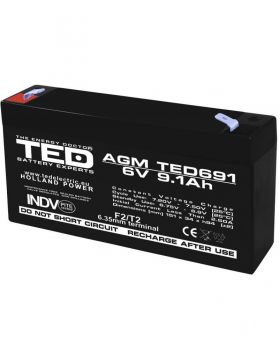 acumulator 6v stationar vrla, dimensiuni 151 x 34 x 95 mm, baterie 6v 9.1ah f2, ted electric ted002990