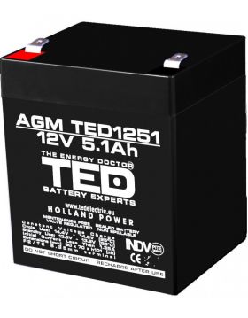 acumulator 12v stationar vrla, dimensiuni 90 x 70 x 98 mm, baterie 12v 5.1ah f2, ted electric ted003157