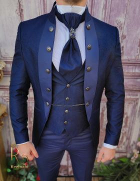 Costum de ceremonie, Bleumarin, Slim Fit, Sacou, Vesta, Pantalon si Cravata - C3957