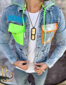 Jacheta de barbati, cu imprimeuri verde neon, croiala slim fit - GB147