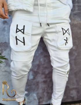 Bluza + pantaloni albi, de bărbați, cu buzunare frontale, Croiala Slim Fit - GB123