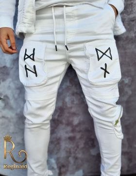 Bluza + pantaloni albi, de bărbați, cu buzunare frontale, Croiala Slim Fit - GB123