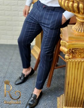 Pantaloni eleganti, de barbati, bleumarin in dungi - PN450