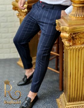 Pantaloni eleganti, de barbati, bleumarin in dungi - PN450