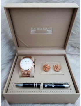 Set cadou pentru barbati Matteo Ferari, ceas, butoni, pix metalic MF002B110G - Engross