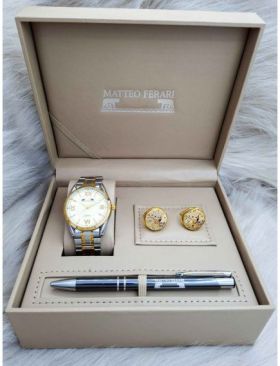 Set cadou pentru barbati Matteo Ferari, ceas, butoni, pix metalic MF061B110G - Engross