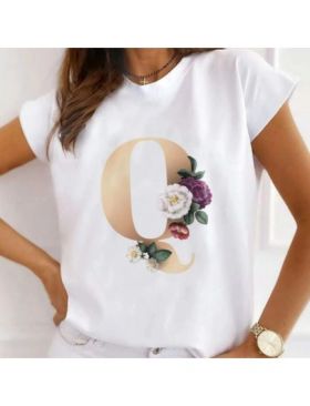 Tricou Dama Alb Alfabet litera "Q" Engros