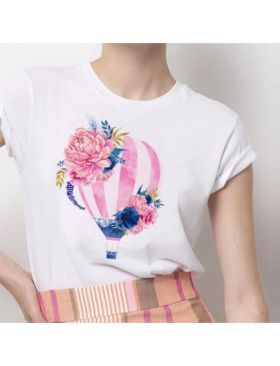 Tricou Dama Alb "Balloon Flower" Engros