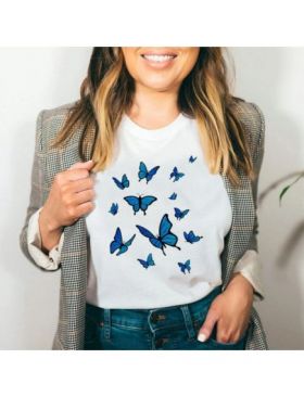 Tricou Dama Alb "Blue Butterflies" Engros