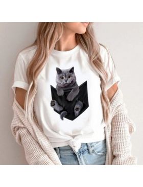 Tricou Dama Alb "British Grey Cat" Engros