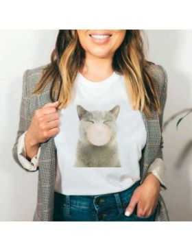 Tricou Dama Alb "Bubble Cat" Engros