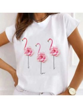Tricou Dama Alb "Flamingo Flowers" Engros