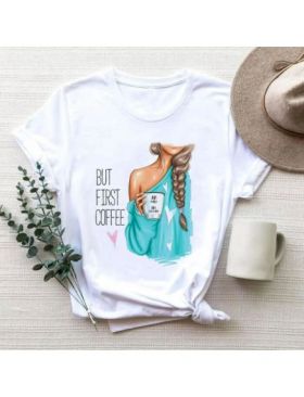 Tricou Dama Alb "GBut first Coffee" Engros