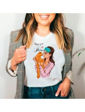 Tricou Dama Alb "Happy girls are the prettiest" Engros
