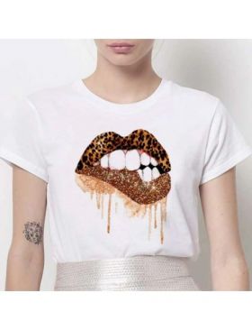 Tricou Dama Alb "Leopard Lips" Engros
