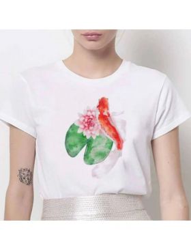 Tricou Dama Alb "Pink Fish" Engros