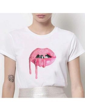 Tricou Dama Alb "Pink Lips" Engros
