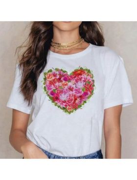 Tricou Dama Alb "Red And Pink Flowers Heart" Engros