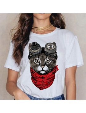 Tricou Dama Alb "Steampunk Cat" Engros