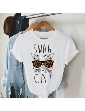 Tricou Dama Alb "Swag Cat" Engros