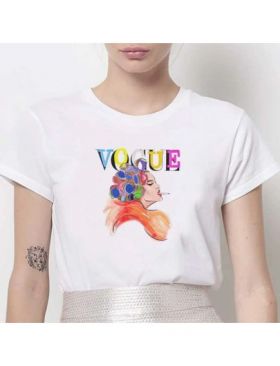 Tricou Dama Alb "Vogue Cartoon" Engros