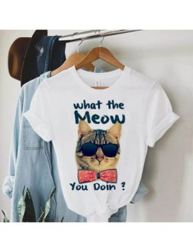 Tricou Dama Alb "What The Meow You Doin" Engros