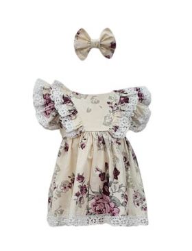 Rochie botez cu maneca scurta, model Corina, culoare mov-alb, en-gros