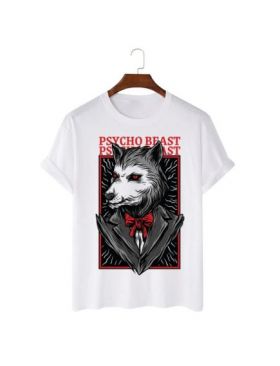 Tricou Barbati Alb "Psycho Beast" Engros