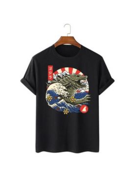 Tricou Barbati Negru "Great Wave Monster" Engros