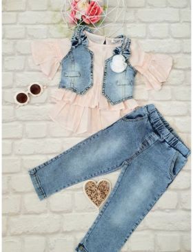 Set 3 piese jeans cu vesta Linda fete en-gross